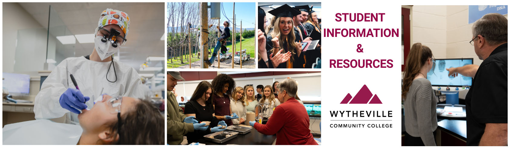 Collage banner for WCC Student Information and Resources page showing several images of WCC students engaging in school work. 