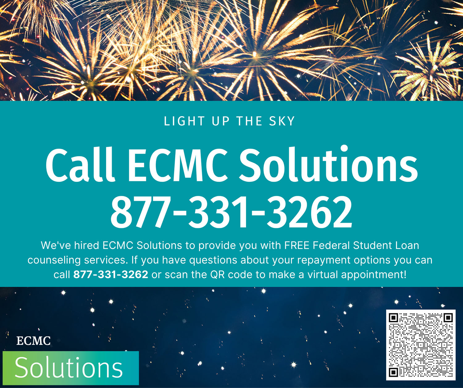 Banner caption: We've hired ECMC Solutions to provide you with FREE Federal Student Loan counseling services. If you have questions about your repayment options, you can call 877-331-3262 or scan the QR code to make a virtual appointment.