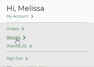 Account Menu shopwing Rentals link after Orders link and before Wishlist link