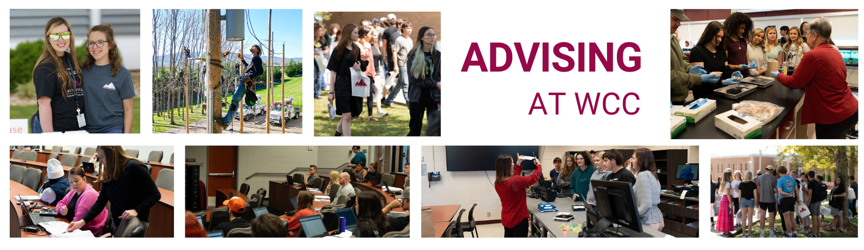 Advising at Wytheville Community College banner with several images showing students engaged in coursework on campus and outside. 
