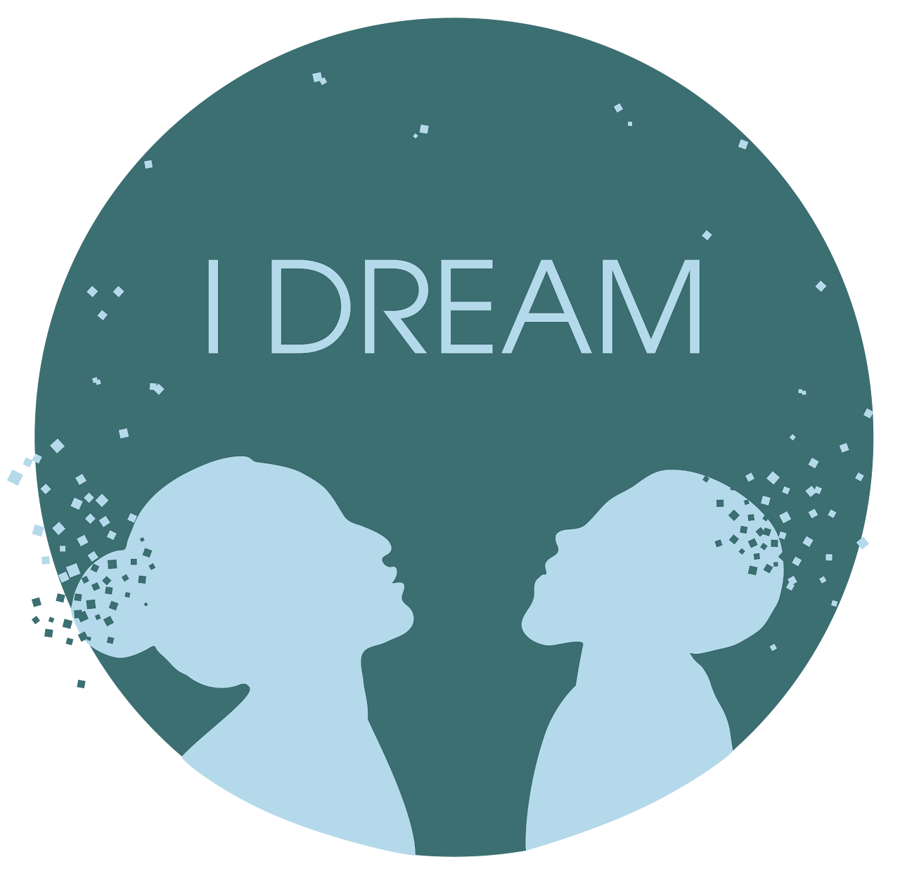 I Dream content logo image of two people facing each other and elements of their head are pixelating into the space above them and joining together to represent sharing ideas.